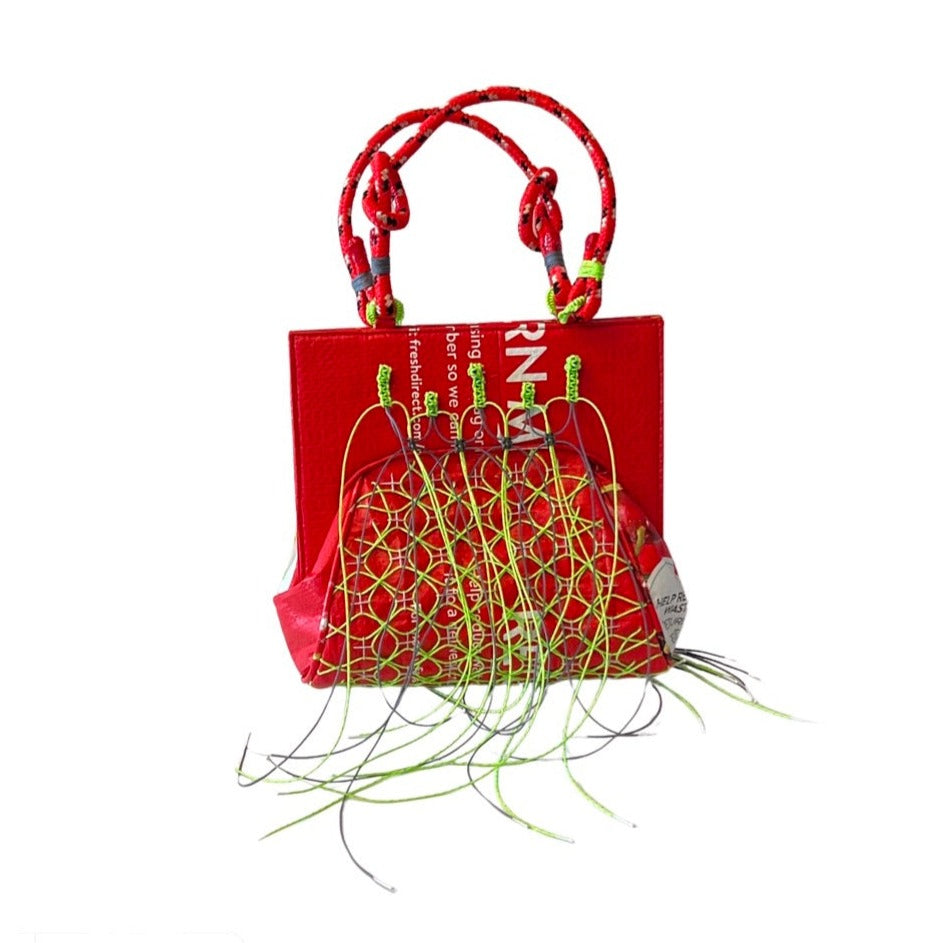 Fresh Direct Upcycle Frame-style Bag (Macramé + Sashiko)
